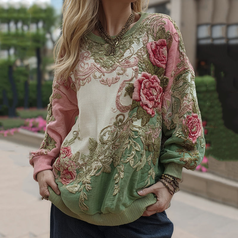 Comstylish Love & Health Collection Vintage Floral And Rose Art Linen Long Sleeve Sweatshirt