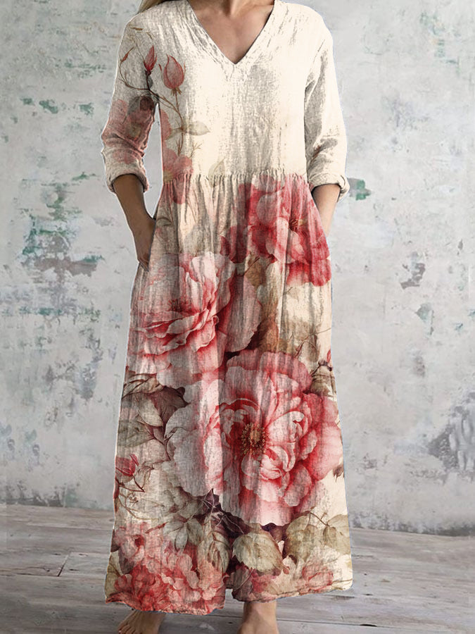 Vintage Floral Print V-neck Long-sleeved Dress