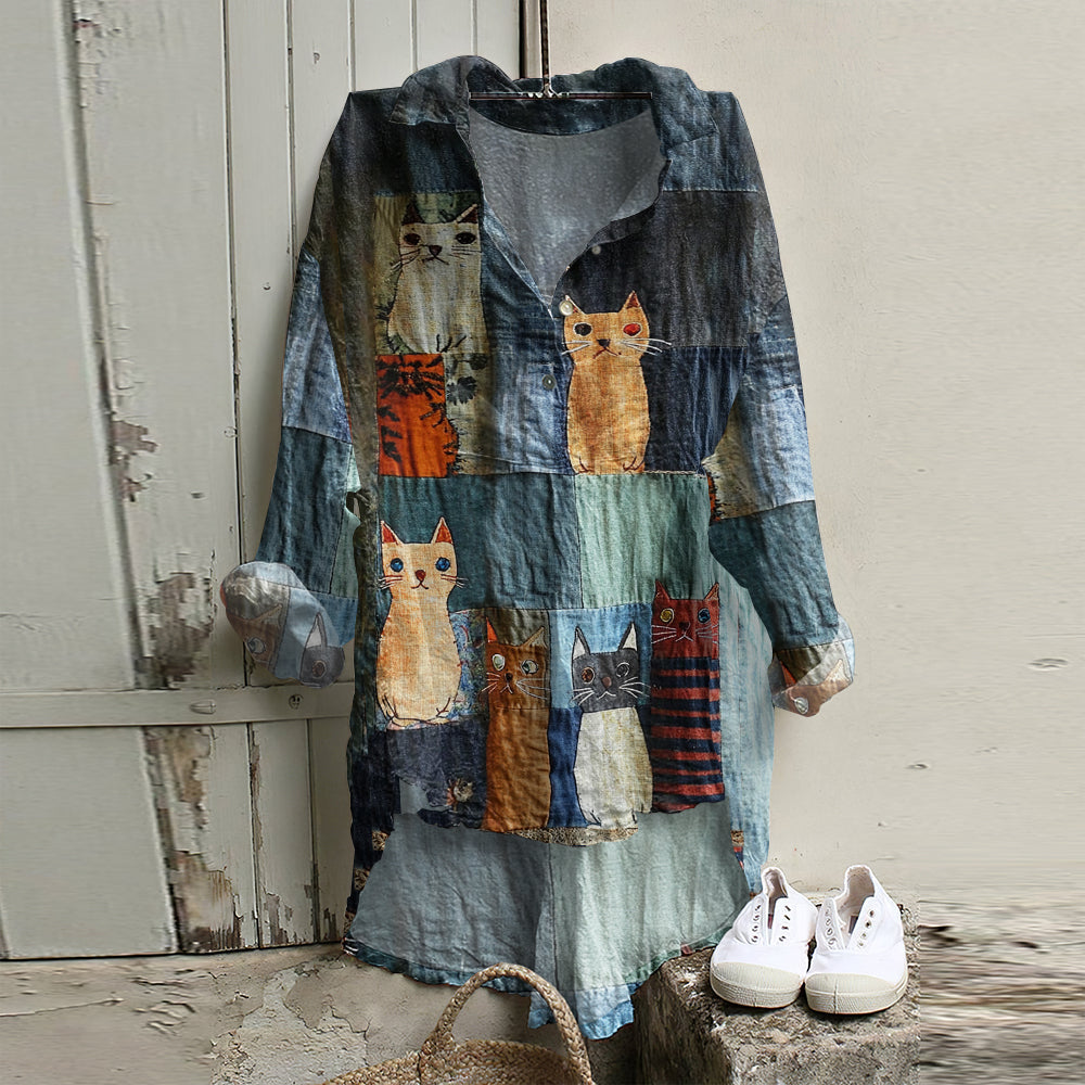 Casual Pop Cat Patchwork Linen Short Front And Long Back Blouse elevenforest