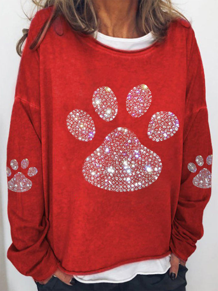 Comstylish Women's Dog Paw Rhinestone Print Sweatshirt