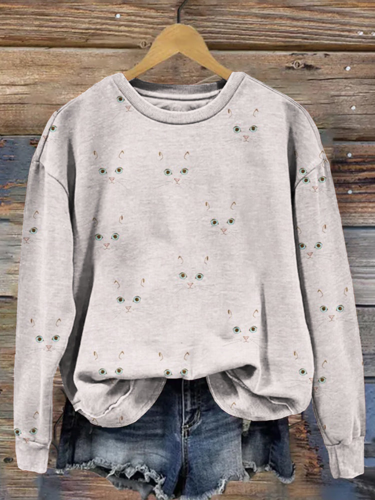 Cute Cat Face Pattern Vintage Cozy Sweatshirt elevenforest