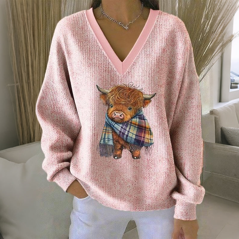 Women's Vintage Highland Cow Print V Neck Casual Sweatshirt artswardrobe