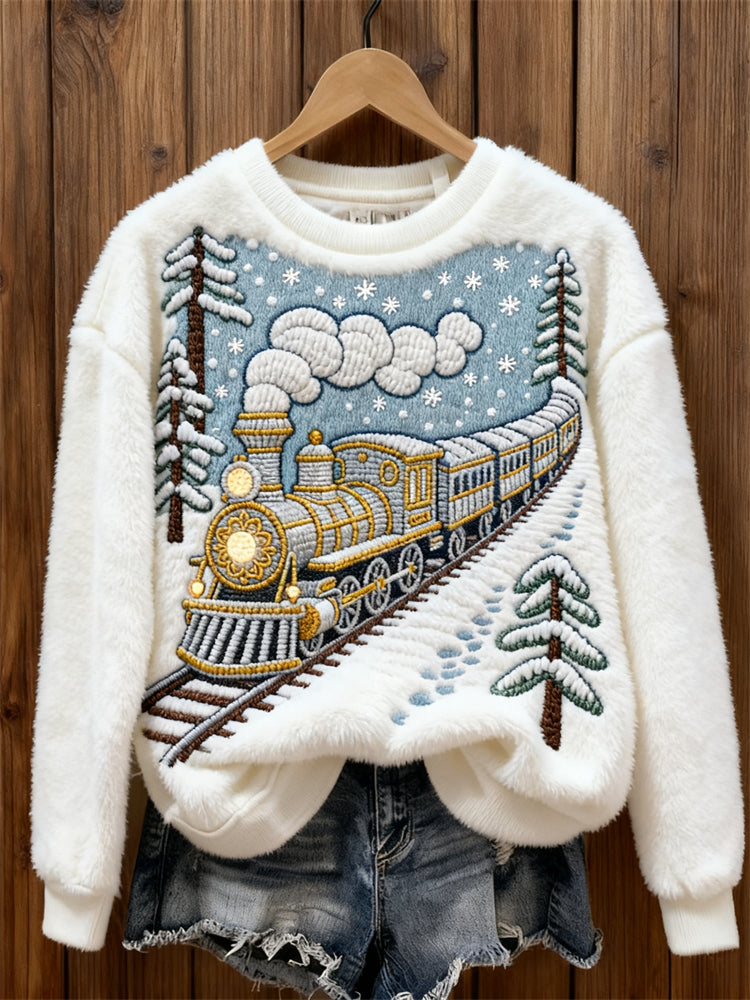 Comstylish Christmas Express Snowy Landscape Cozy Plush Sweatshirt