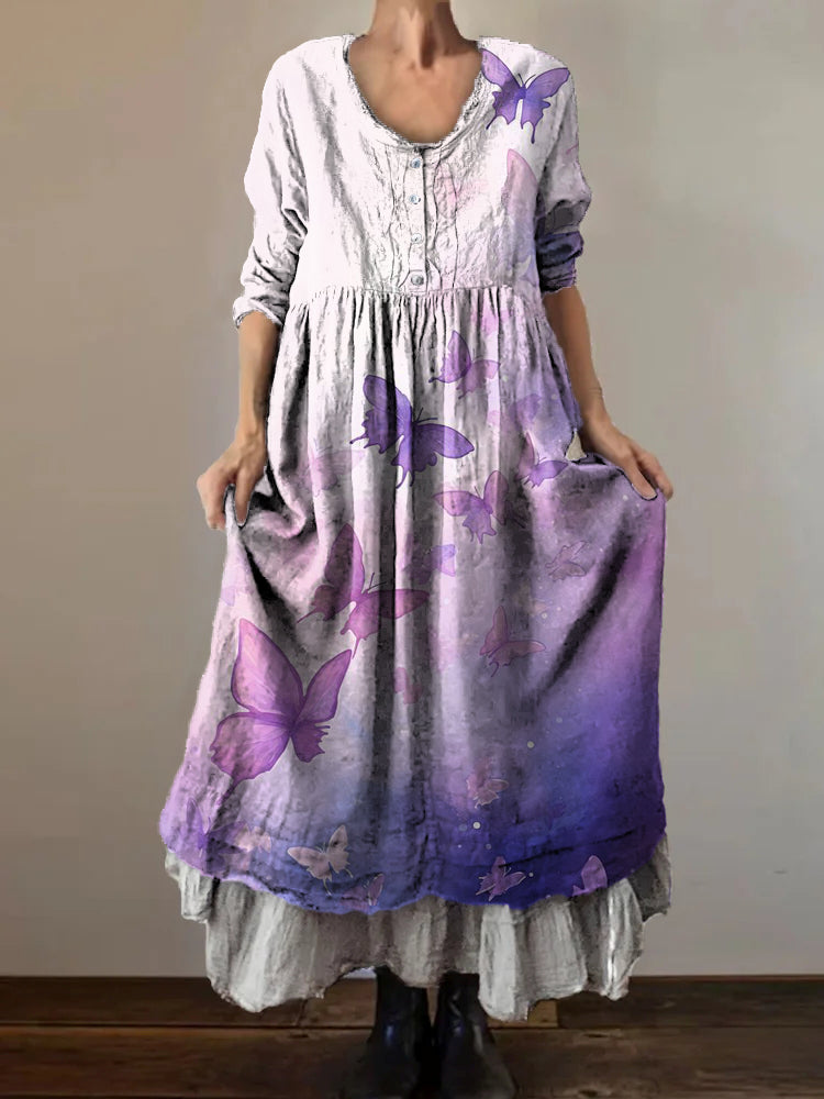 Women's Butterfly Trompe L'oeil Art Print V-Neck Button Pocket Cotton