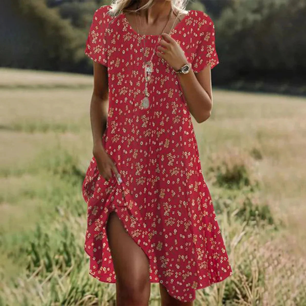 MW | Sommer Bohème Kleider für Frauen V-Ausschnitt Kurze Ärmel Blume gedruckt Strand Urlaub Kleid Frauen Maxi-Kleider Boho