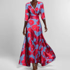 MW | Frühling Sommer Frauen Mode V Hals Belted Party Langes Kleid Sexy Druck Boho Maxi Kleider Kurzarm Tasche Femlae Urlaub