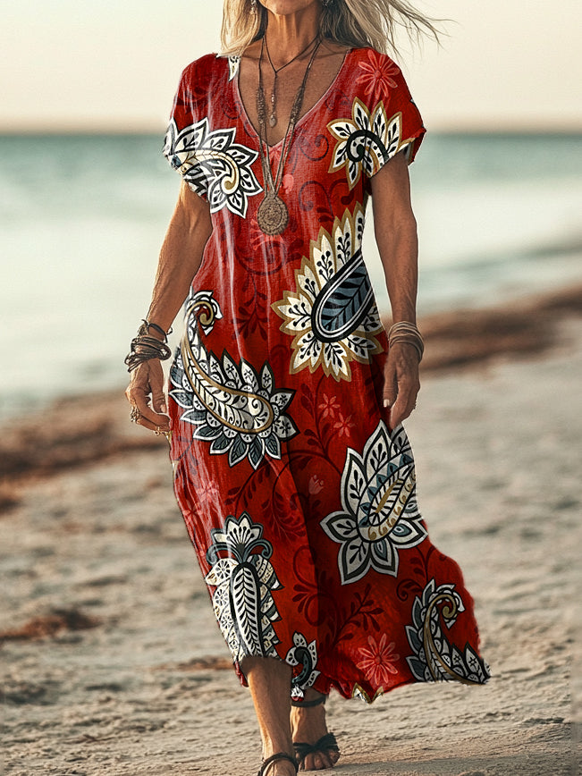 Women's Ethnic Paisley Art Print Sleeveless V-Neck Pocket Cotton Dress