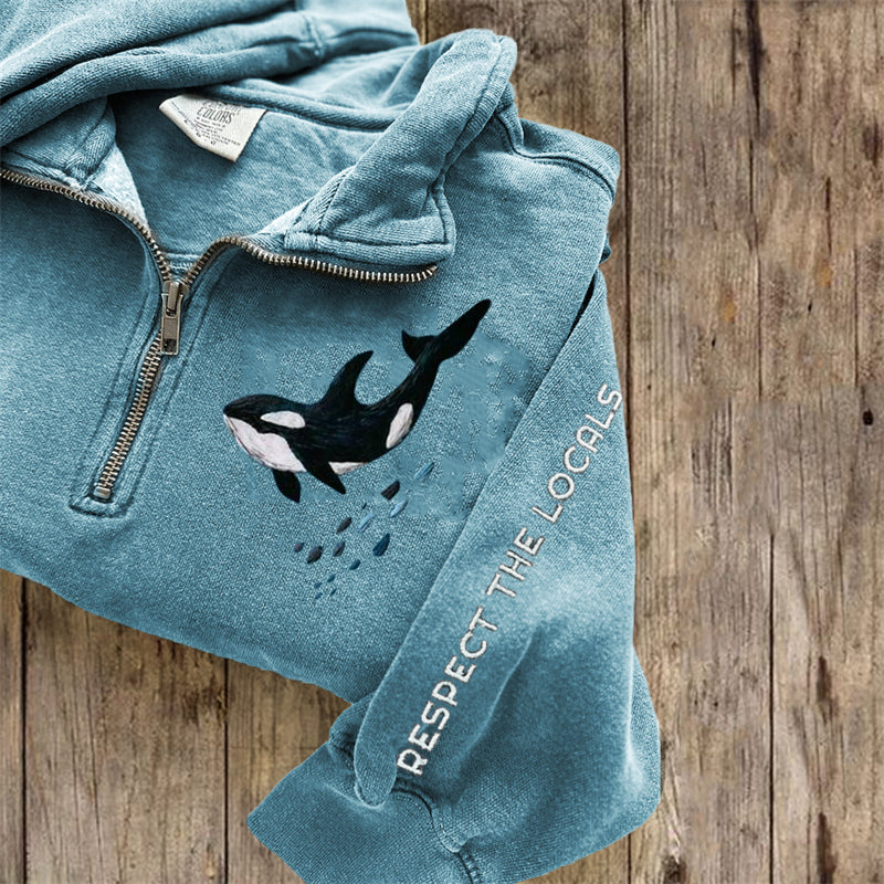 Comstylish Respect The Locals Killer Whale Embroidered Zip Up Sweatshirt