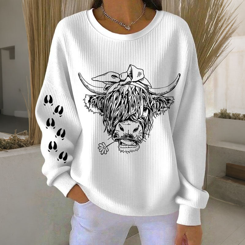 Women's Highland Cow Print Crew Neck Casual Sweatshirt artswardrobe