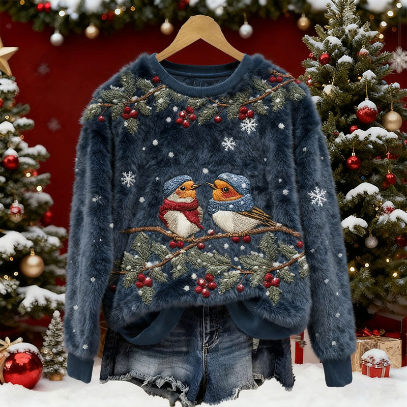 Comstylish Women's Christmas Flower And Bird Embroidery Art Plush Sweatshirt