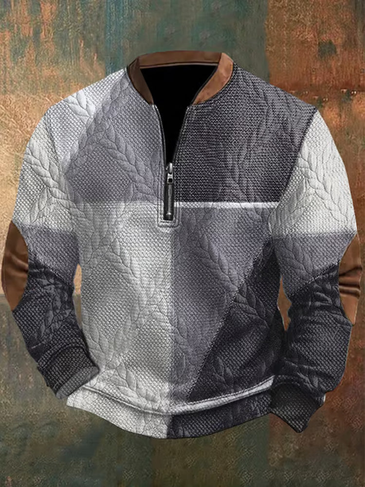 Men's Retro Western Design Jacquard Fabric Zipper Neck Sweatshirt artswardrobe