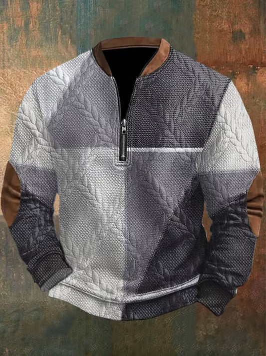 Men's Retro Western Design Jacquard Fabric Zipper Neck Sweatshirt artswardrobe
