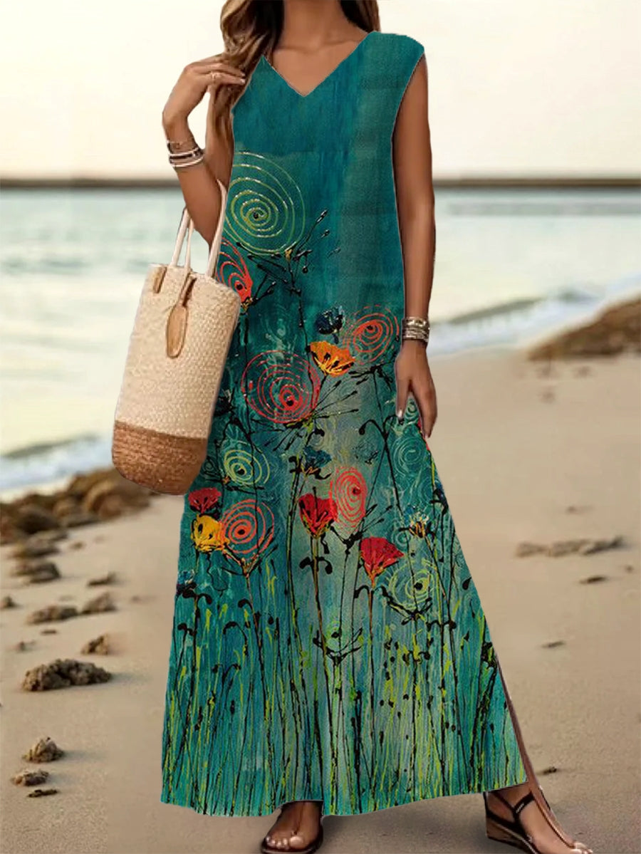 Women's Floral Art Print V-Neck Sleeveless Cotton Pocket Dress