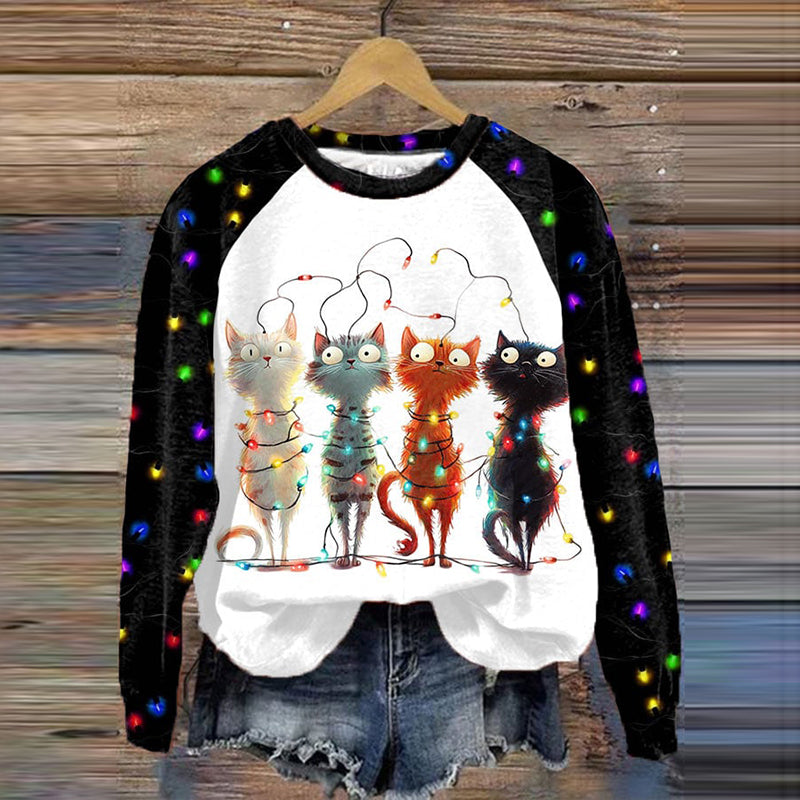 Women's Funny Lights Cats Christmas Printed Sweatshirt elevenforest