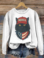 Women's Merica Patriotic Black Cat Print Sweatshirt elevenforest