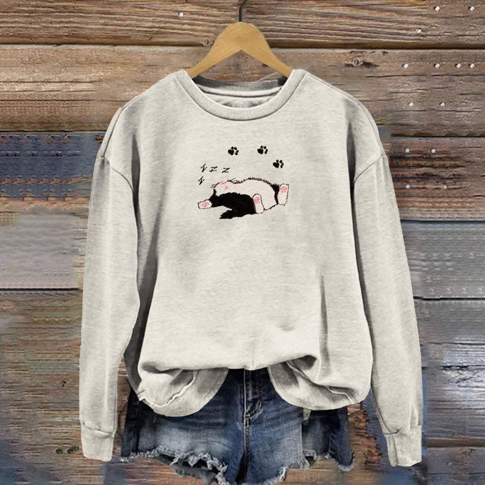 Comstylish Funny Sleeping Cat Embroidered Print Sweatshirt