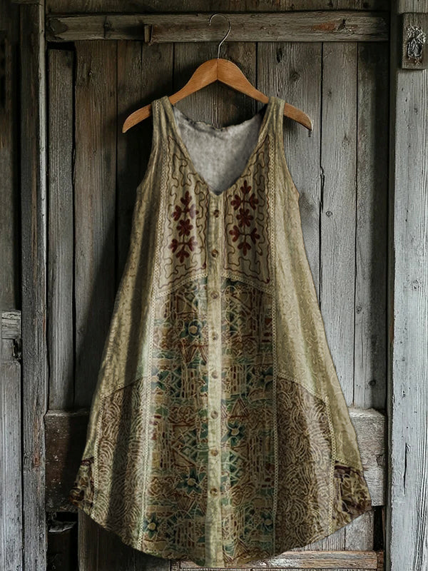 Women's Tattoo Pattern Art Print V-Neck Pocket Cotton Dress