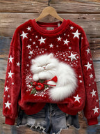 Christmas Sleeping Fuzzy Cat Stars Embroidered Cozy Plush Sweatshirt elevenforest