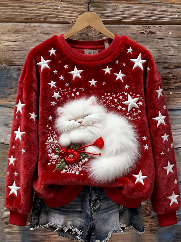 Christmas Sleeping Fuzzy Cat Stars Embroidered Cozy Plush Sweatshirt elevenforest