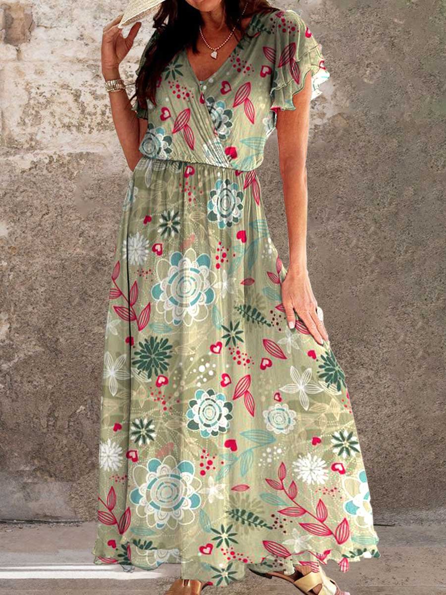 Women's Elegant Vintage Rose Floral Pattern Dress