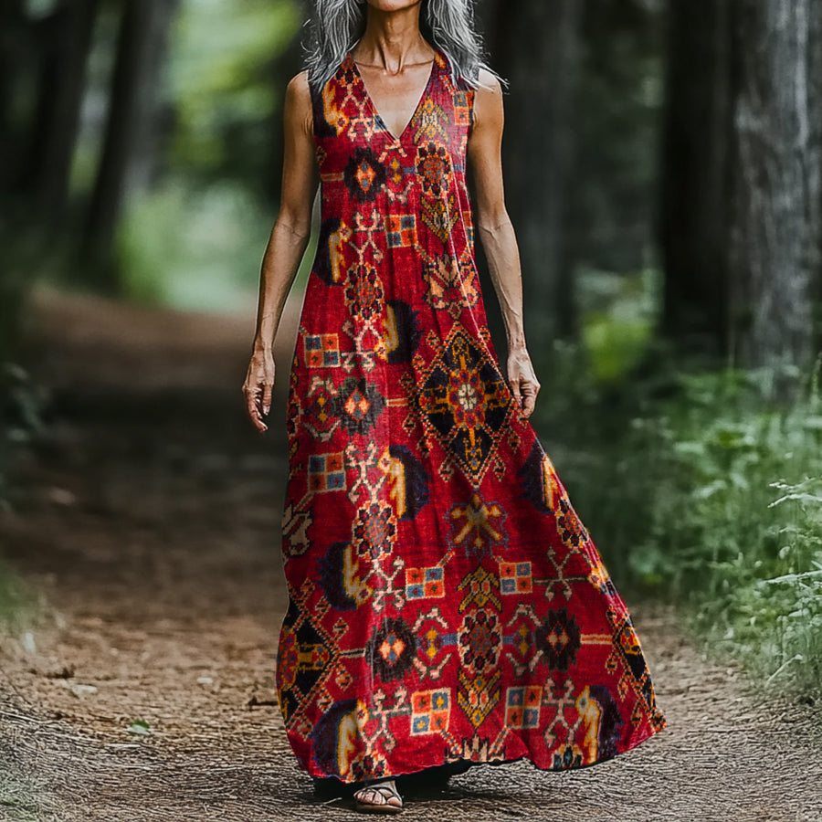 Women's Retro Ethnic Totem Art Pattern Print V-neck Sleeveless Pocket