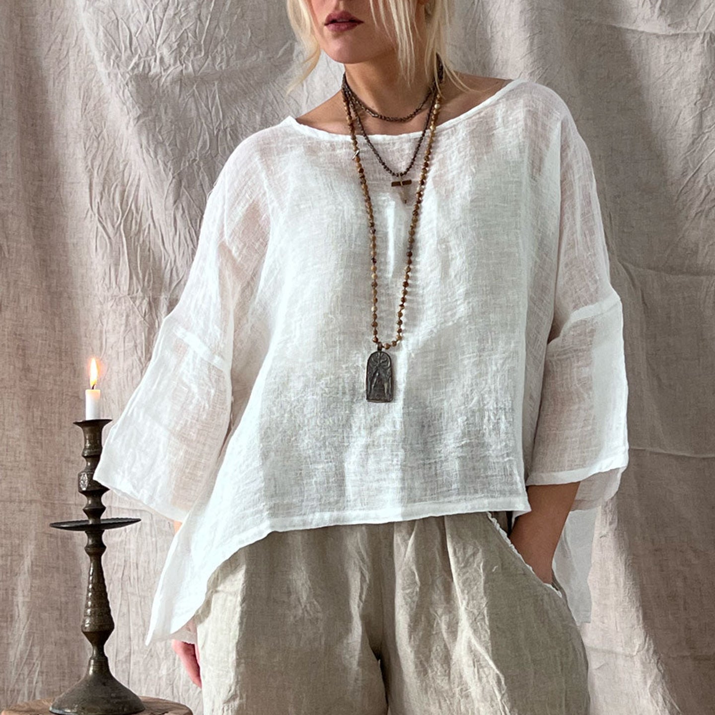 Comstylish Women's Vintage Cotton And Linen Crew Neck Blouse