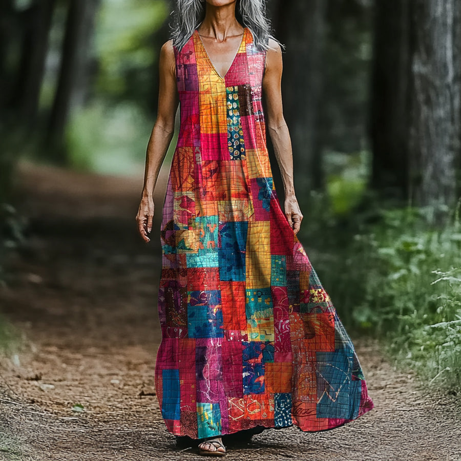 Women's Art Painting Colorful Patchwork Printed V-Neck Tank Dress