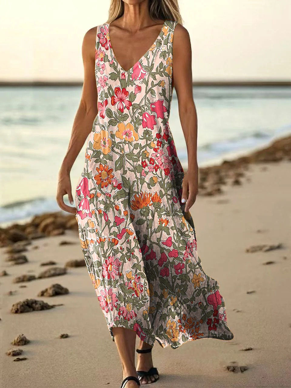 Women's Flower Art Print V-neck Sleeveless Pocket Cotton Dress