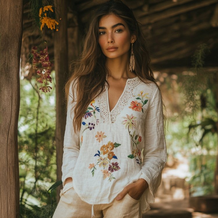 Comstylish Retro Bohemian Floral Embroidery Art Graphics Casual Linen Blend Blouse