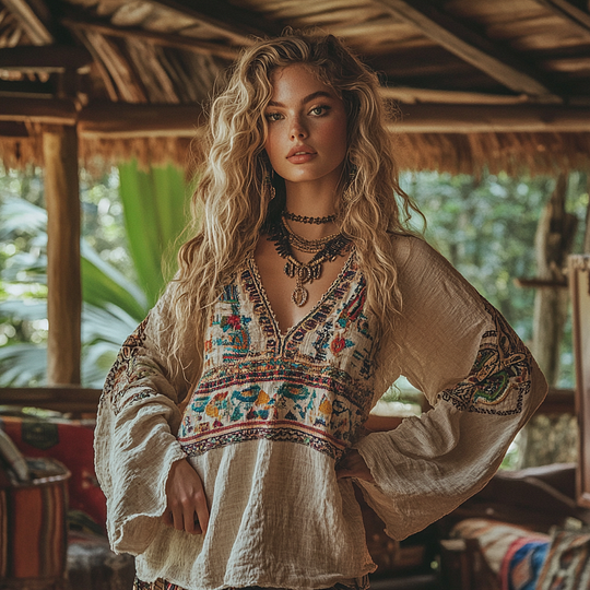 Comstylish Retro Boho Tribal Embroidery Print Cotton And Linen Blend Loose Blouse