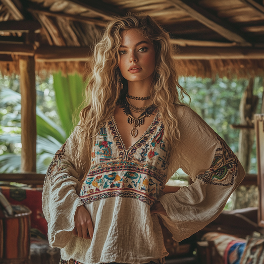 Comstylish Retro Boho Tribal Embroidery Print Cotton And Linen Blend Loose Blouse