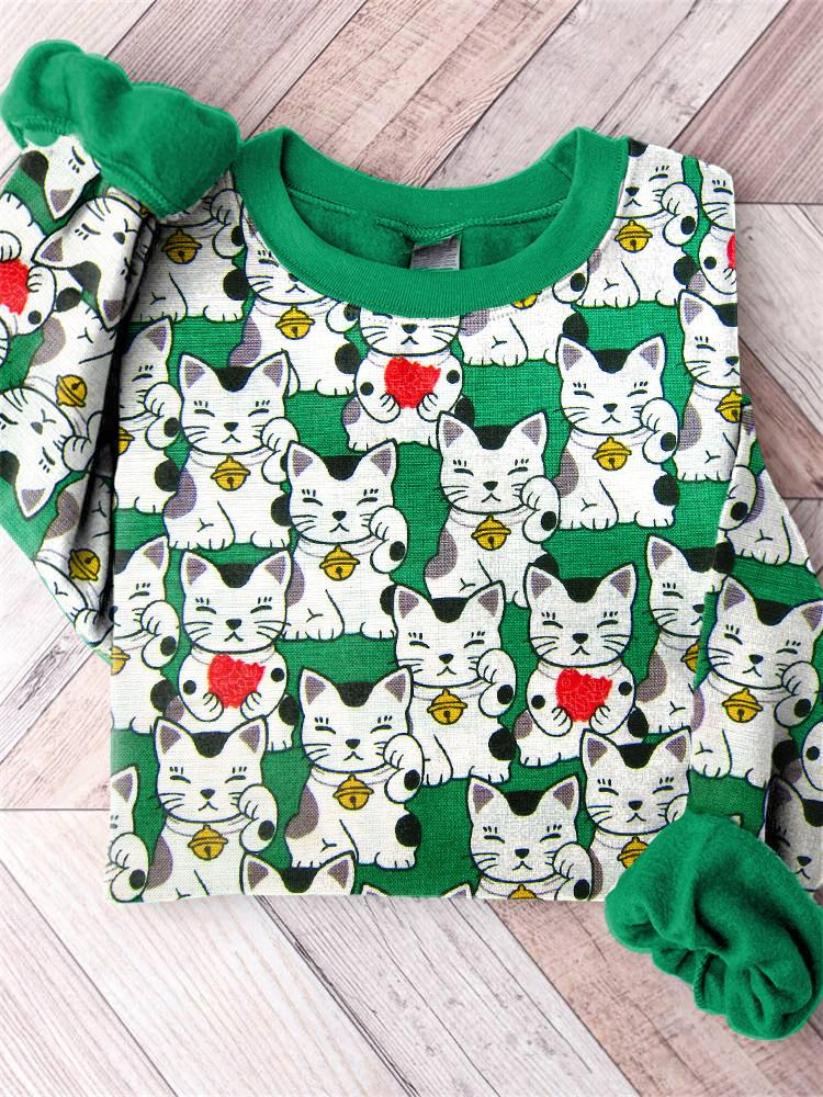 Lucky Cat Traditional Japanese Art Print Cotton Cozy Sweatshirt elevenforest