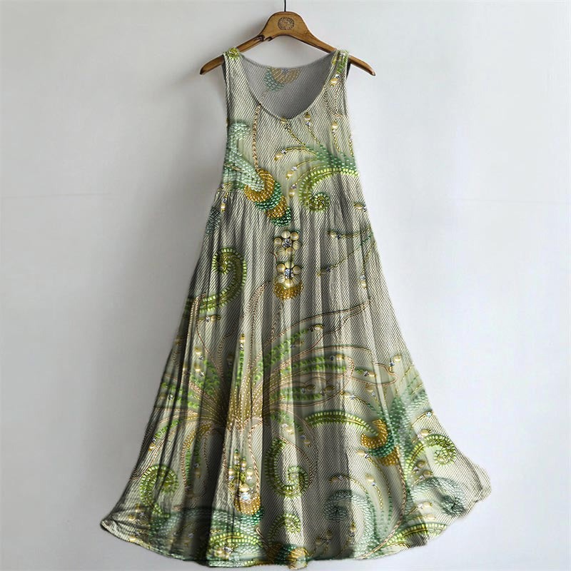 Women's Floral Art Print V-Neck Pocket Cotton Dress
