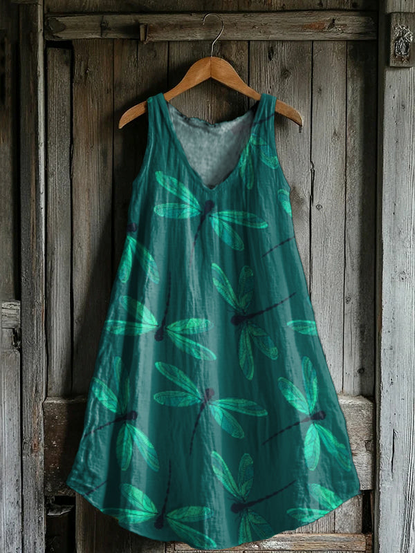Women's Retro Dragonfly Art Print V-neck Pocket Cotton Dress