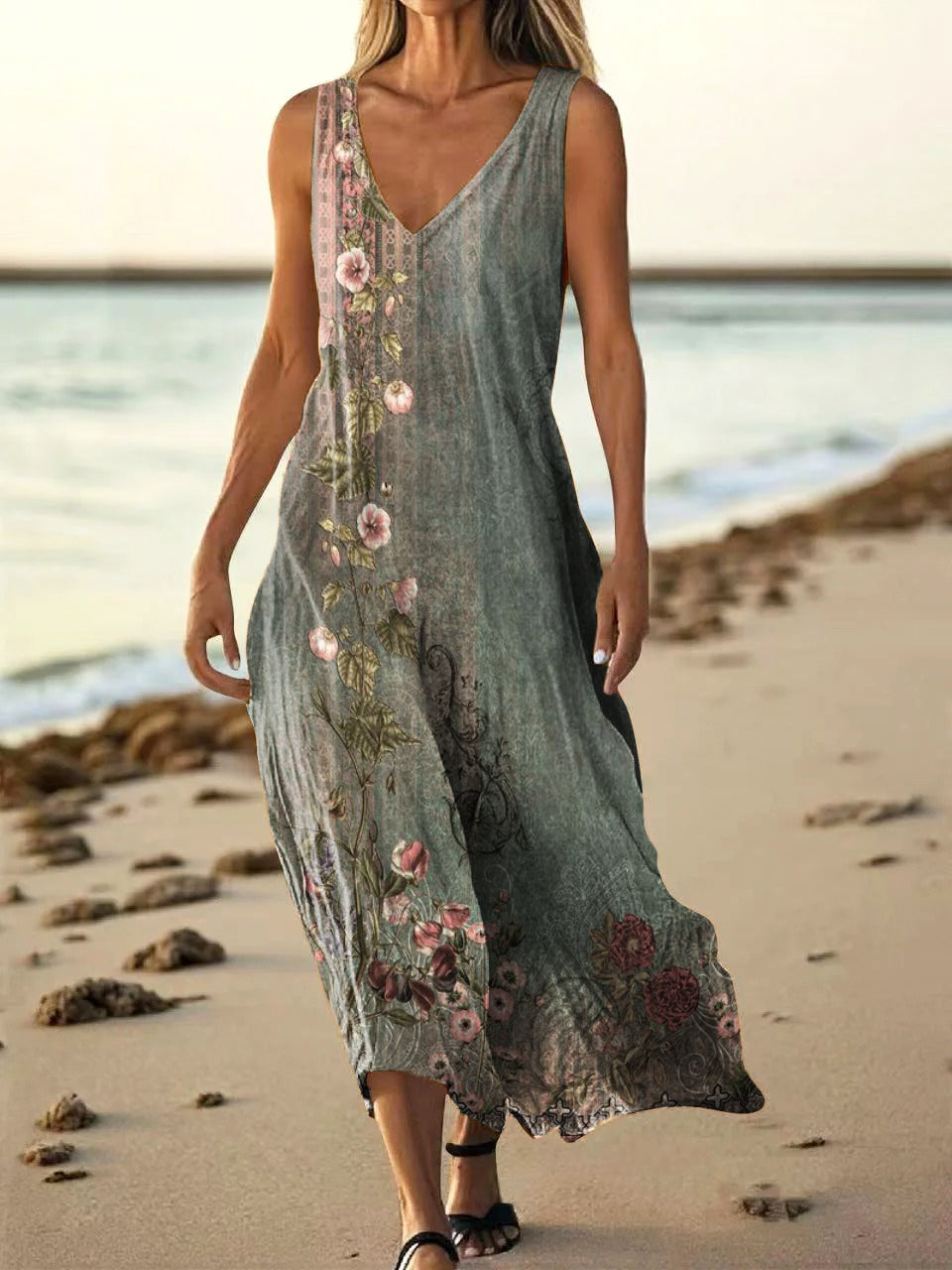 Women's Folk Art Floral Print V-neck Sleeveless Pocket Cotton Dress