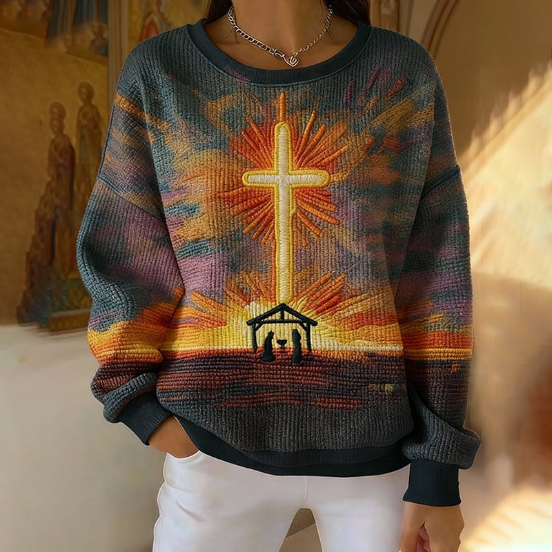 Comstylish Women's Nativity Night Cross Print Crew Neck Long Sleeve Sweatshirt