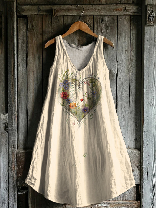 Women's Floral Heart Pattern Art Print V-Neck Pocket Cotton Dress