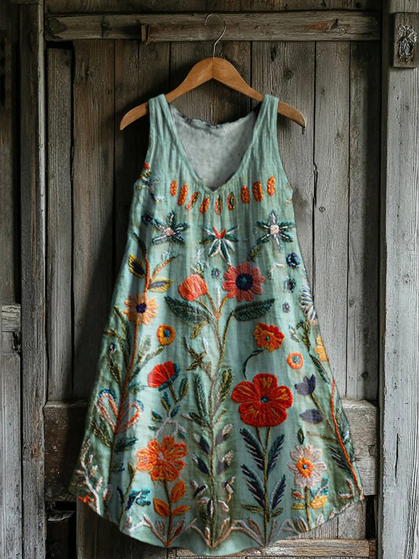 Women's Bohemian Floral Art Print V-neck Pocket Cotton Dress