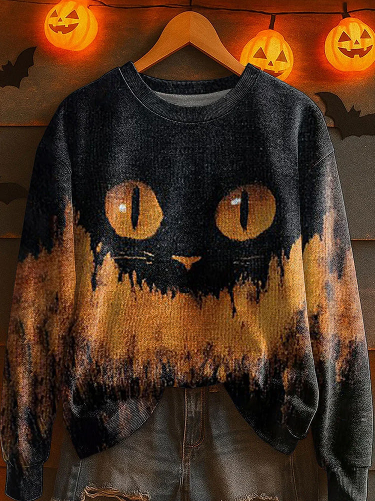 Comstylish Women's Halloween Black Cat Knitted Sweatshirt