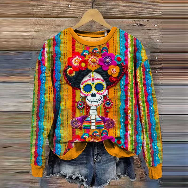 Comstylish Mexican Sugar Skeleton Catrina Day Of The Dead Inspired Art Printed Sweatshirt
