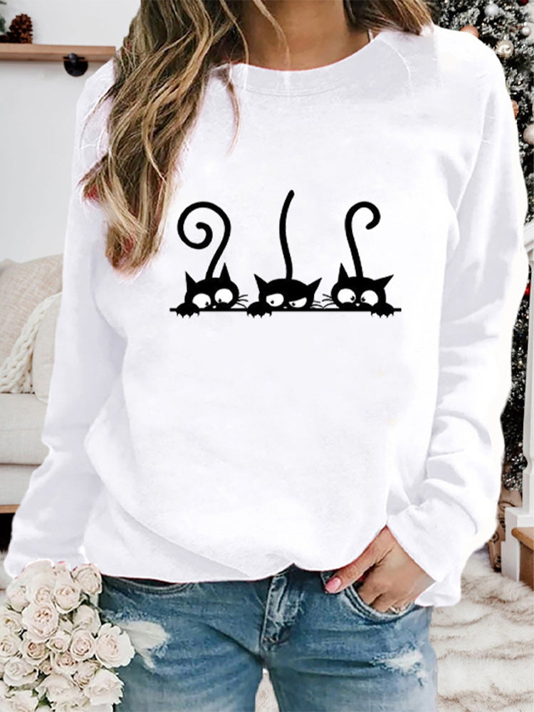Comstylish Women's Casual Black Cat Print Sweatshirt