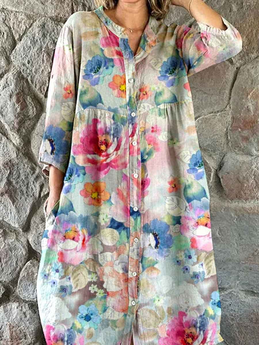 Women's Elegant Vintage Floral Print Shirt Style Cotton and Linen Dres
