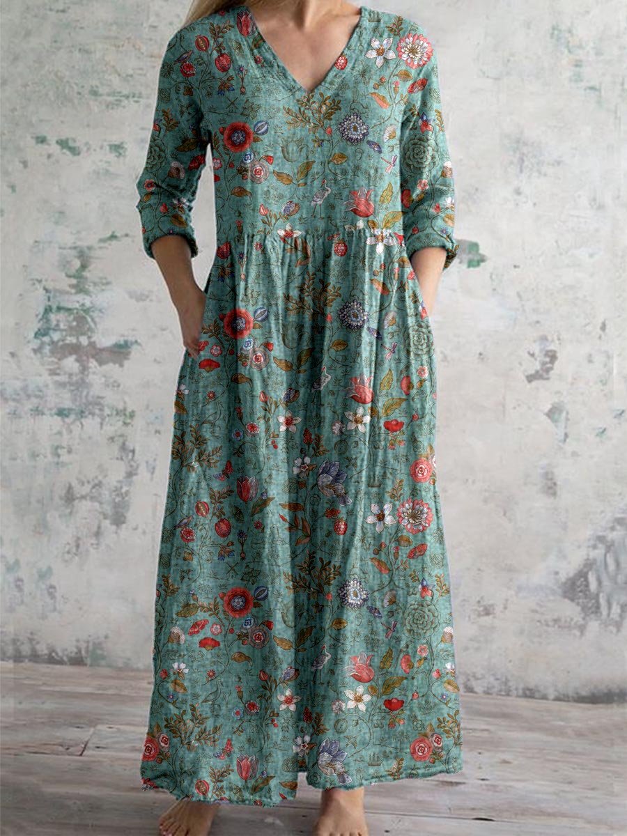 Women's Elegant Vintage Floral Pattern Cotton and Linen Dress with Poc