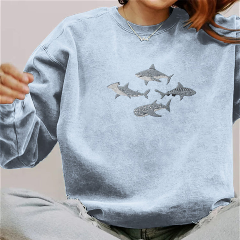 Comstylish Shark And Whale Print Crew Neck Casual Sweatshirt