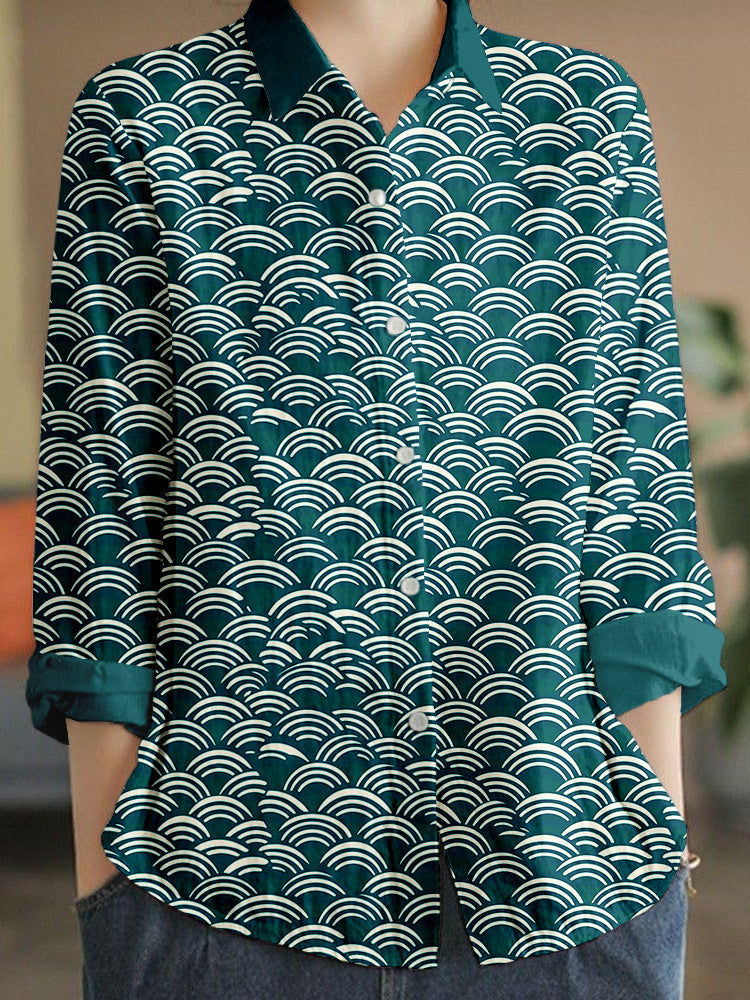 Comstylish Japanese Minimalism Wave Pattern Linen Blend Blouse