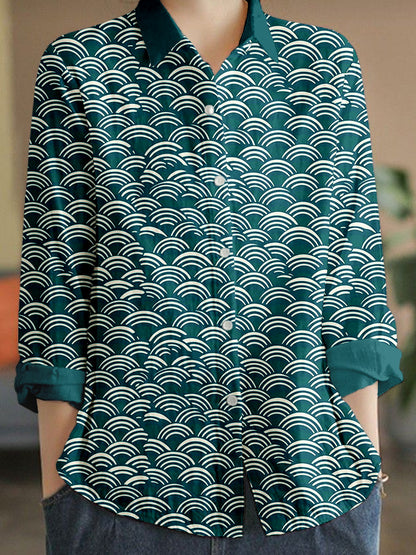 Comstylish Japanese Minimalism Wave Pattern Linen Blend Blouse