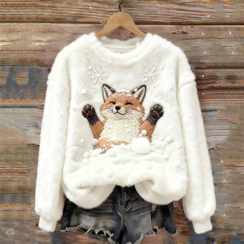 Lovely Fox & Snow Embroidered Cozy Plush Sweatshirt artswardrobe