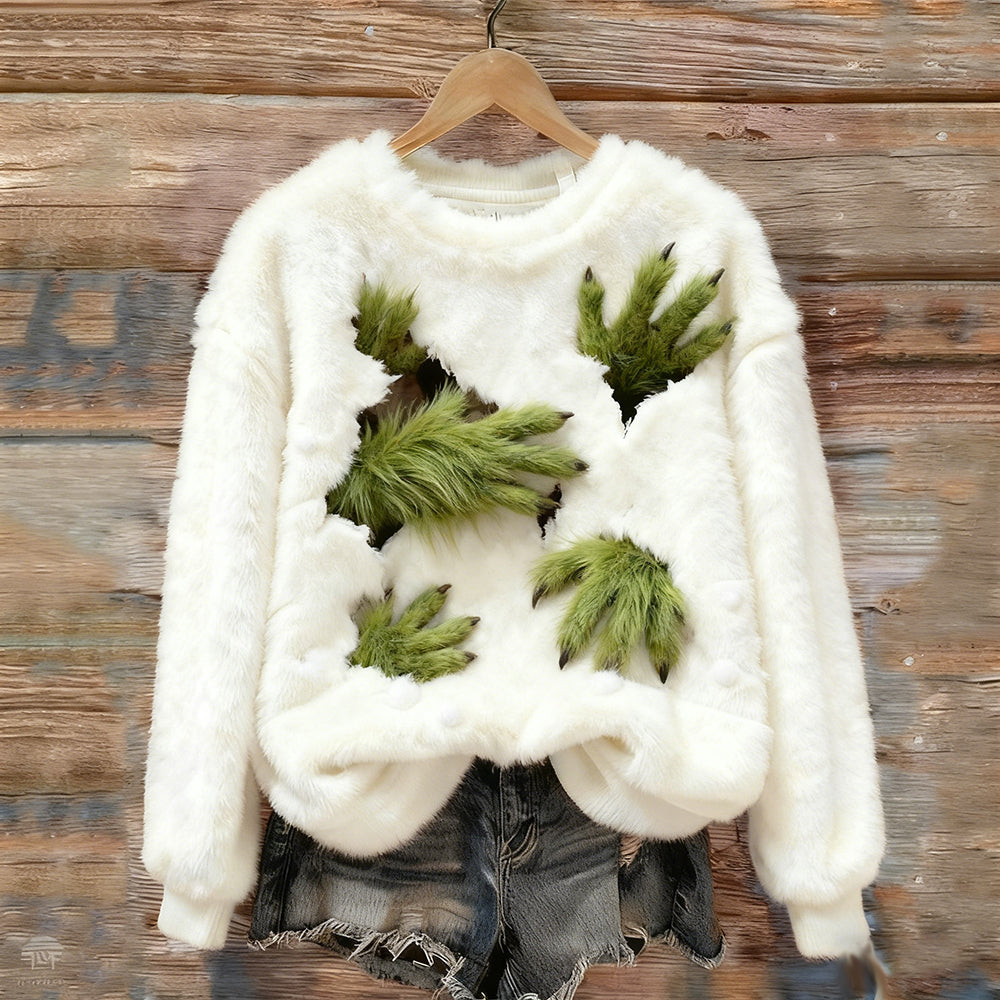 Comstylish Green Monster Hand Warmer Round Neck Flannel Sweatshirt