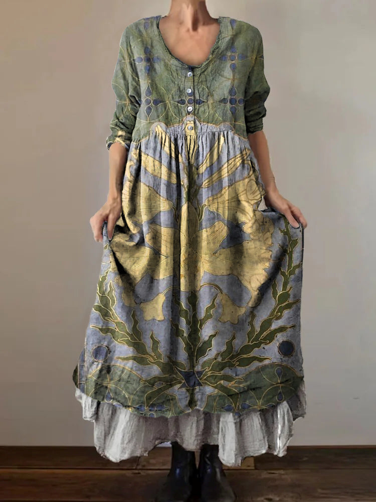 Women's Vintage Floral Embellished Pattern Art Print V-Neck Button Poc