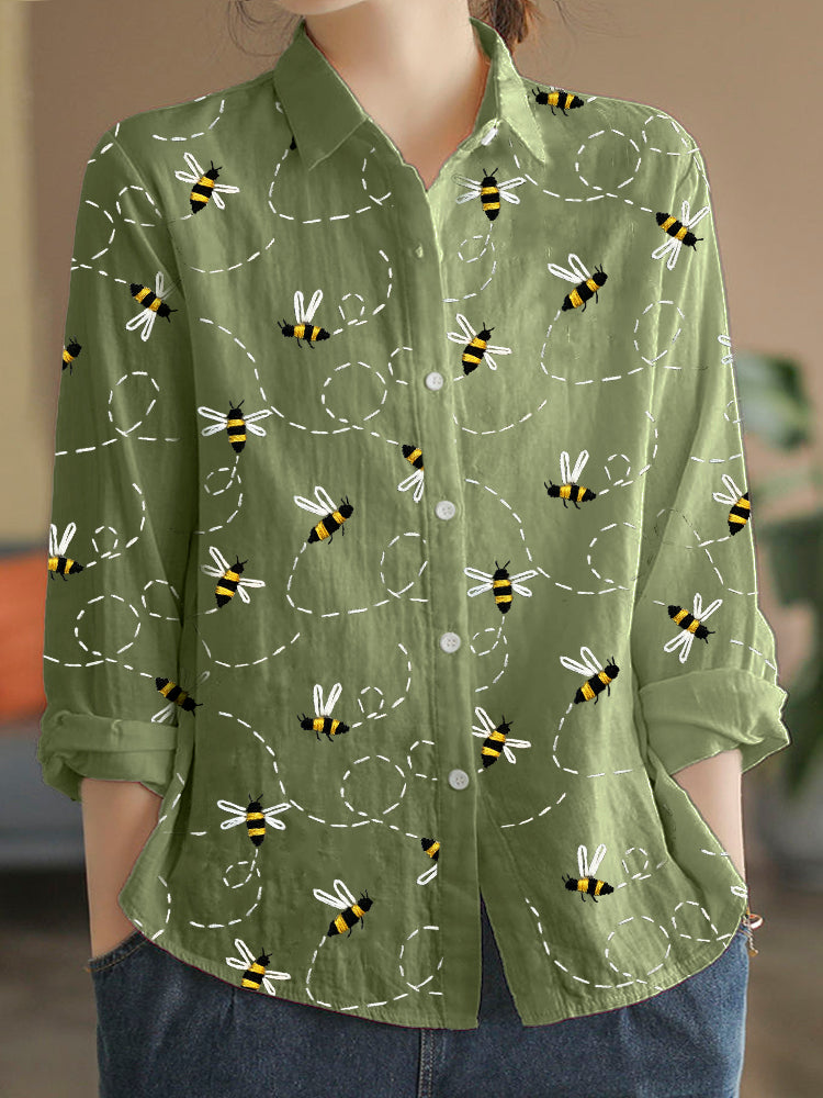 Comstylish Flying Bees Embroidery Pattern Linen Blend Blouse
